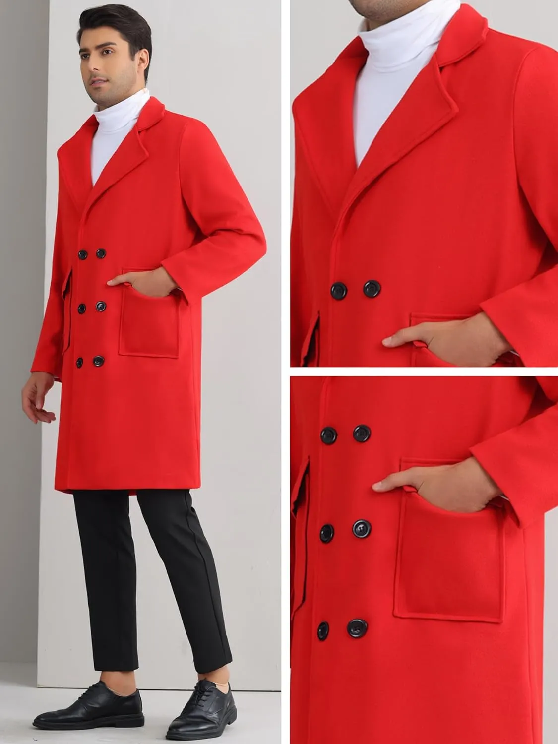 Lars Amadeus Winter Coats for Men's Notched Collar Double Breasted Long Trench Coat