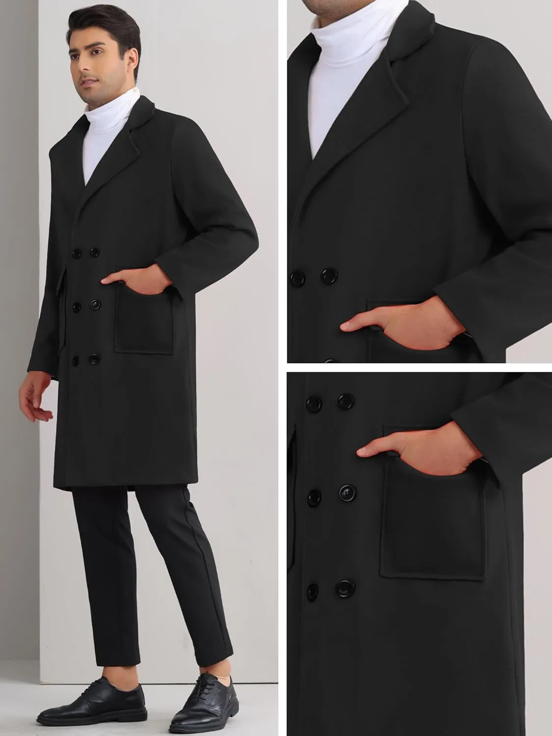 Lars Amadeus Winter Coats for Men's Notched Collar Double Breasted Long Trench Coat