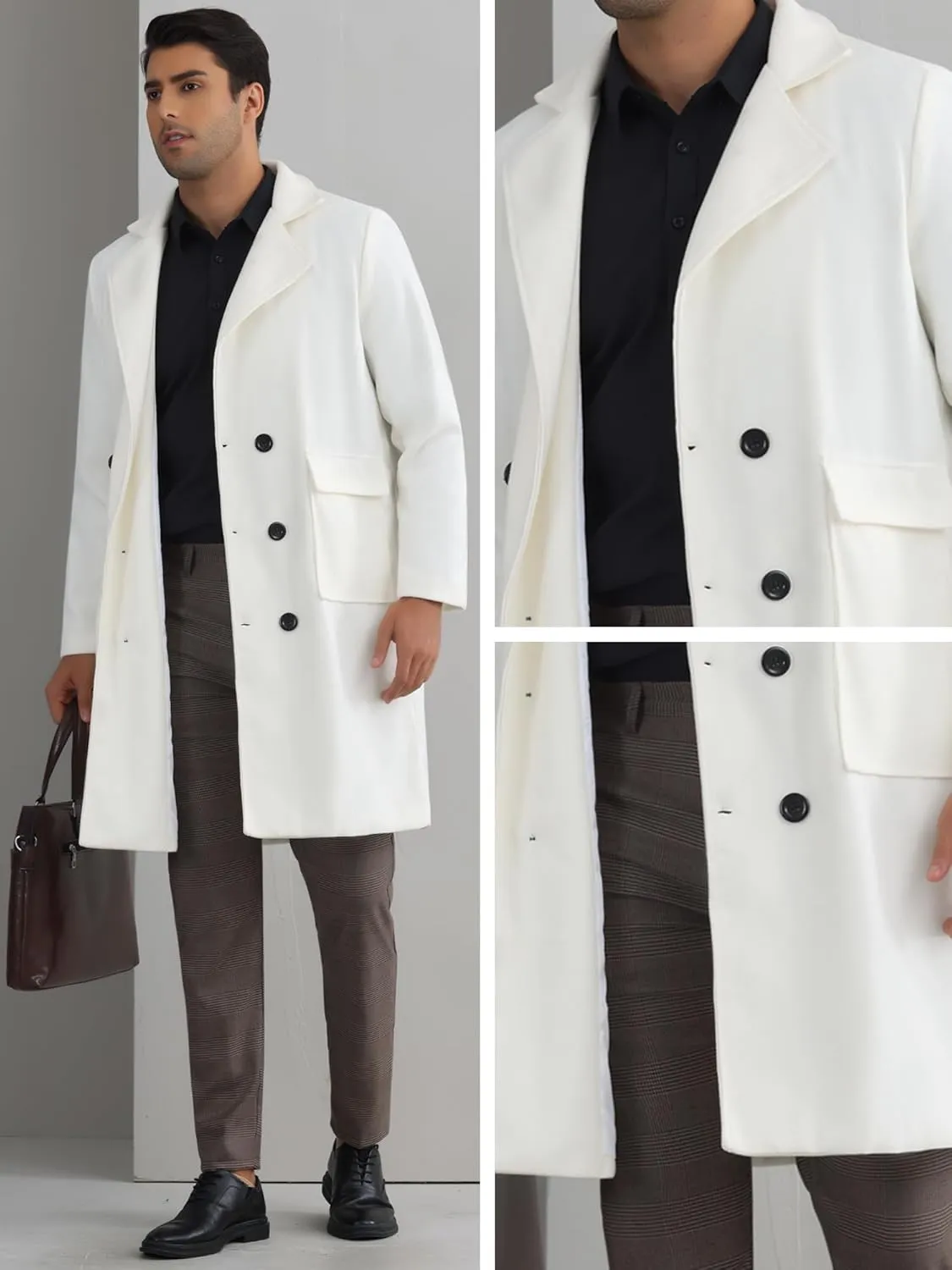 Lars Amadeus Winter Coats for Men's Notched Collar Double Breasted Long Trench Coat