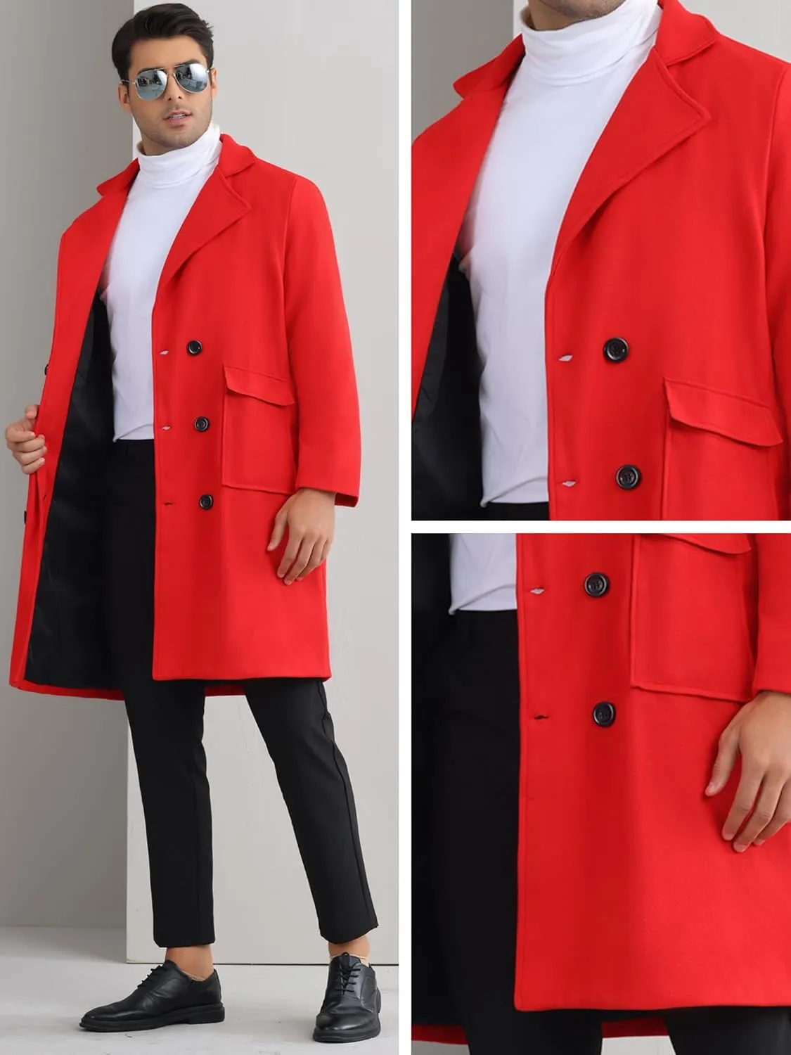 Lars Amadeus Winter Coats for Men's Notched Collar Double Breasted Long Trench Coat