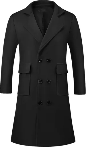 Lars Amadeus Winter Coats for Men's Notched Collar Double Breasted Long Trench Coat