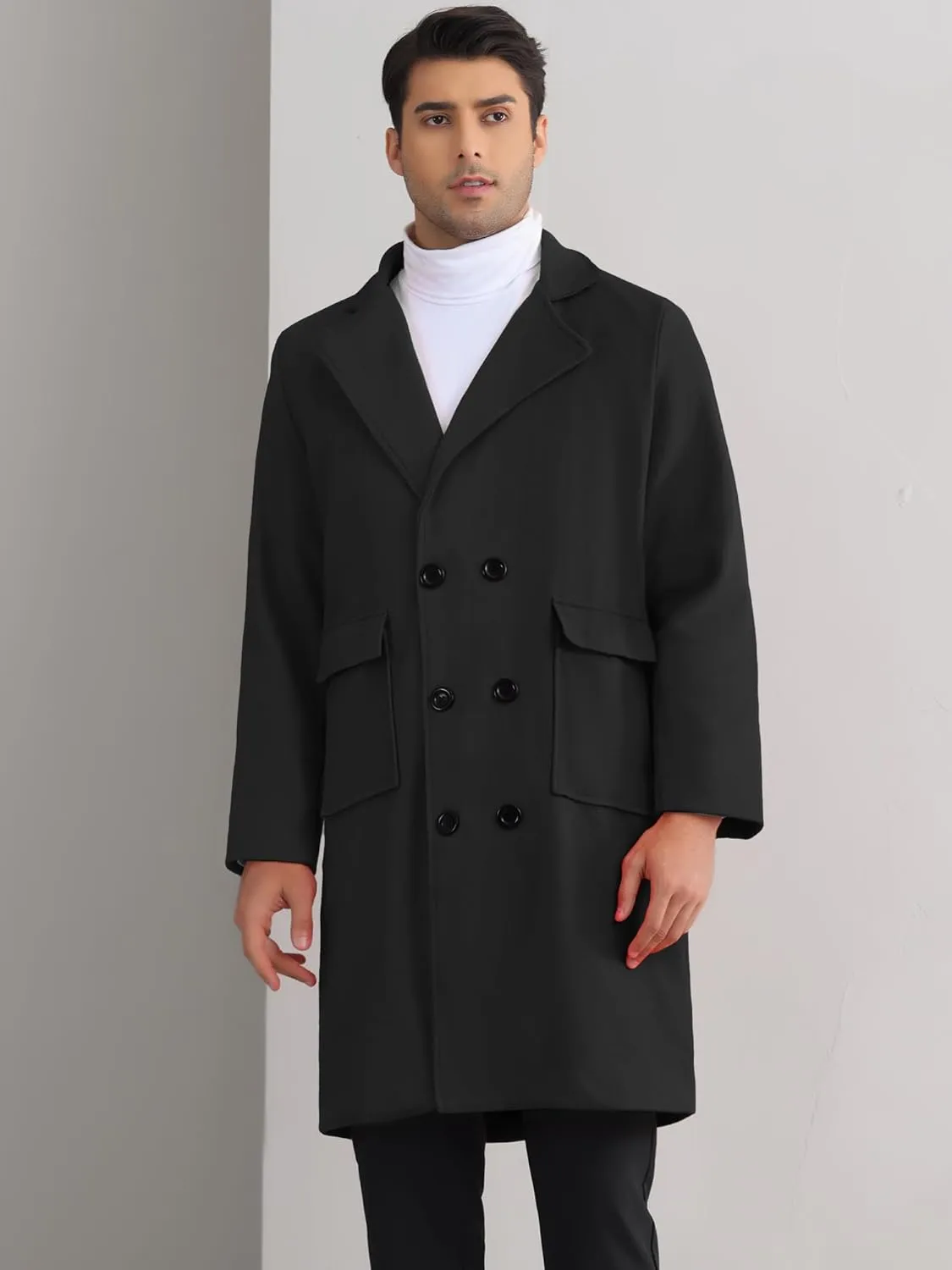 Lars Amadeus Winter Coats for Men's Notched Collar Double Breasted Long Trench Coat