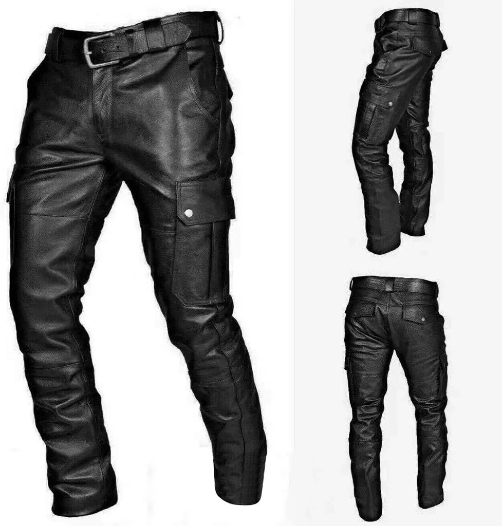 Leather Pants for Men Slim Fit Skinny Stretch Faux Leather Motorcycle Biker Pants Fashion Punk Retro Goth Hip Hop Trousers