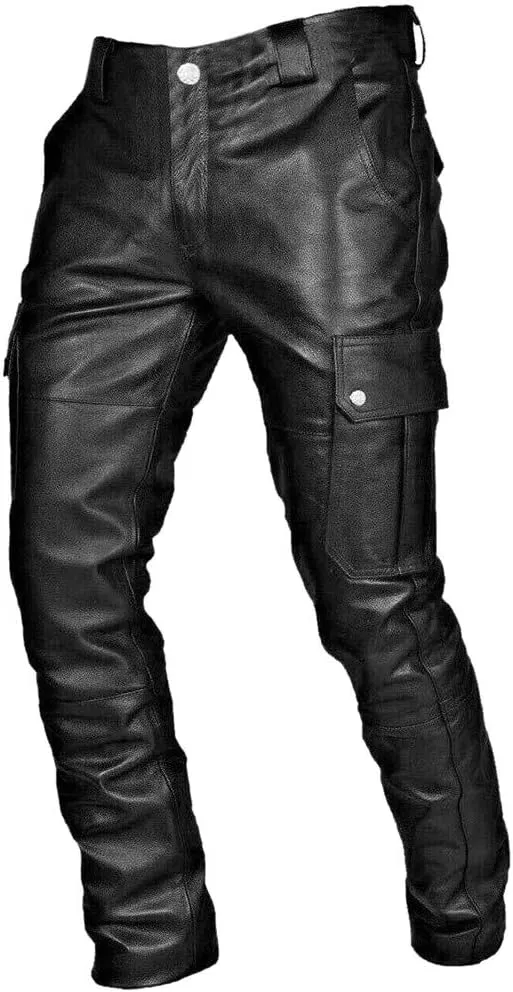 Leather Pants for Men Slim Fit Skinny Stretch Faux Leather Motorcycle Biker Pants Fashion Punk Retro Goth Hip Hop Trousers