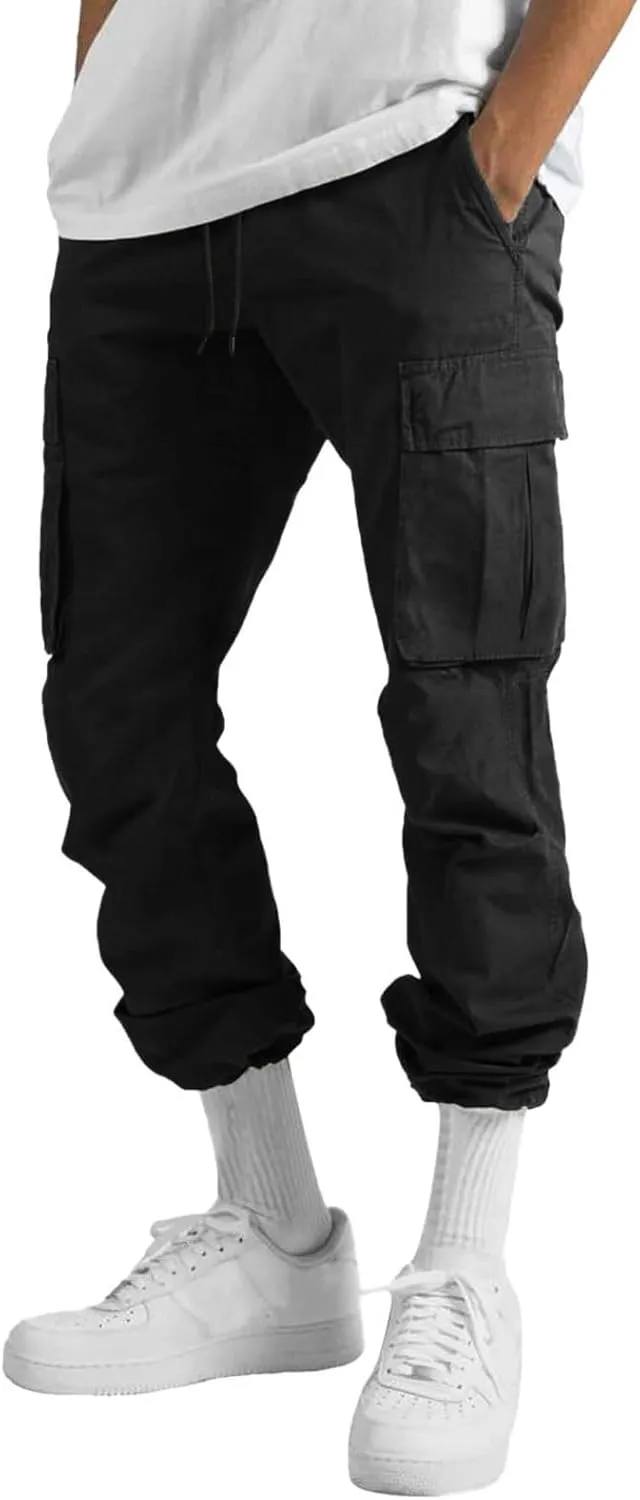 Linen Pants for Men Seasonal Casual Multi-Pocket Sweatpants Foot Rope Waist Tie Solid Pants Plus Size Trousers