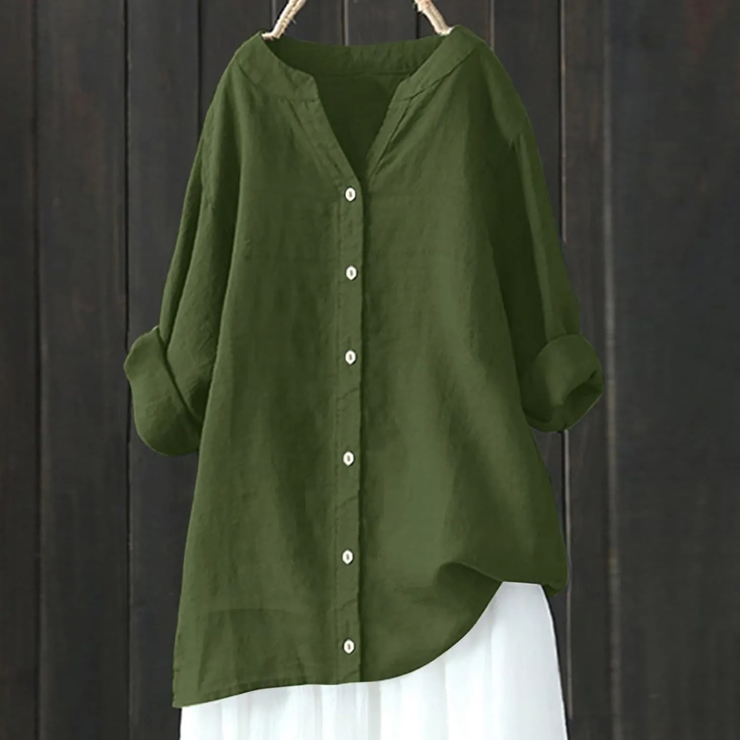 Linen Shirts for Women 2025 Summer Plus Size Long Sleeve V Neck Tops Dressy Blouses Casual Loose Comfy Gauze Tops