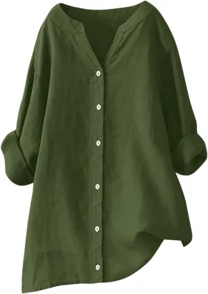 Linen Shirts for Women 2025 Summer Plus Size Long Sleeve V Neck Tops Dressy Blouses Casual Loose Comfy Gauze Tops