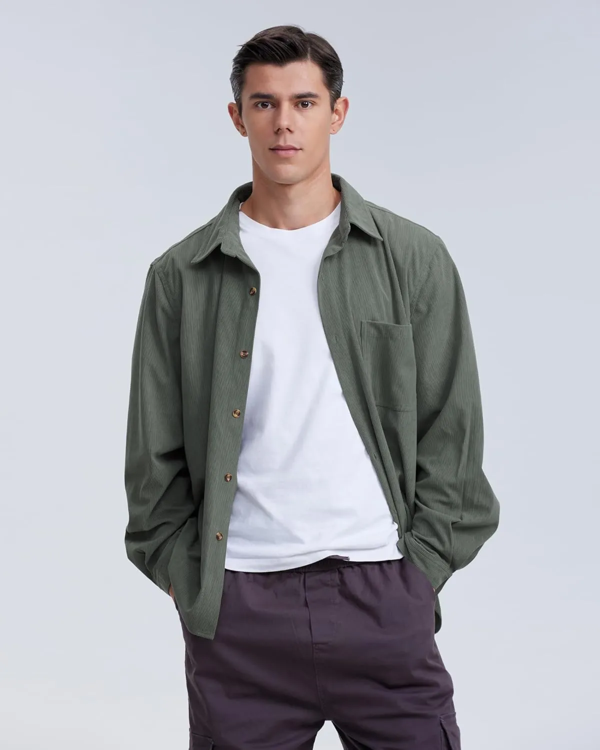 Locachy Men's Casual Corduroy Shirt Loose Button Down Corduroy Shacket Jacket