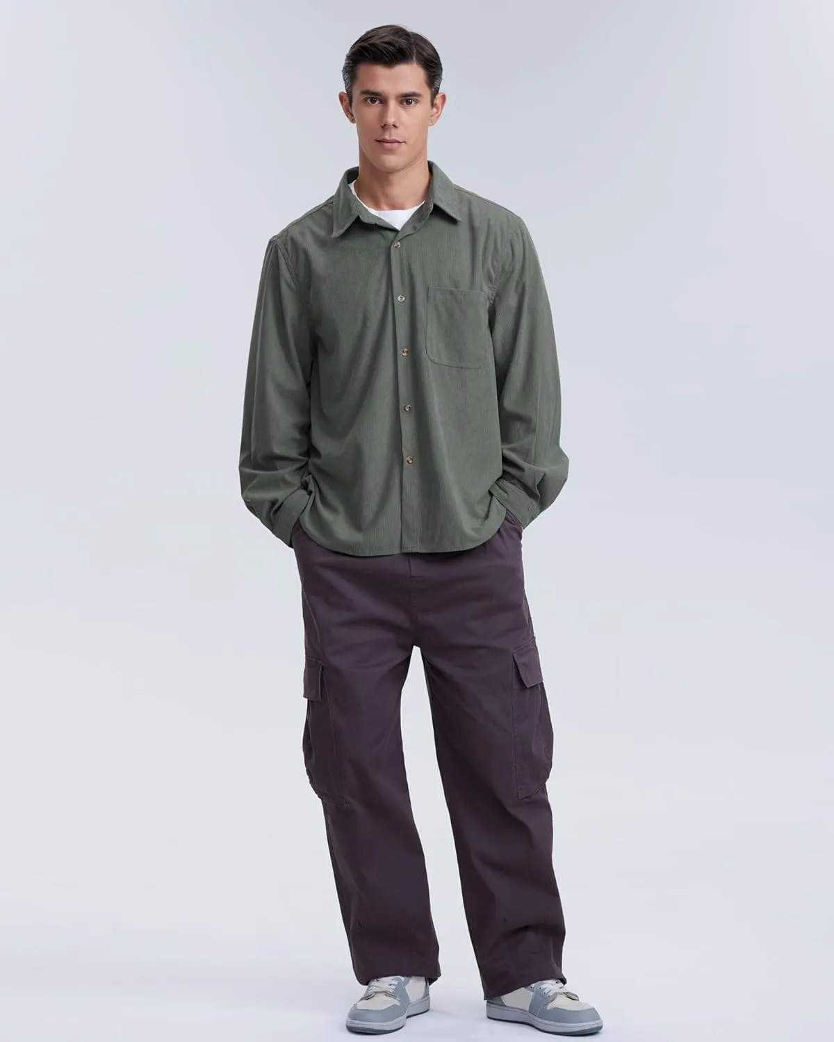 Locachy Men's Casual Corduroy Shirt Loose Button Down Corduroy Shacket Jacket