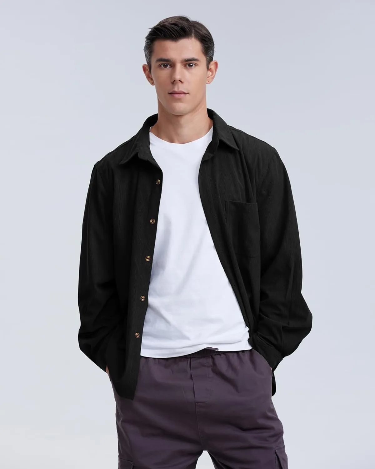 Locachy Men's Casual Corduroy Shirt Loose Button Down Corduroy Shacket Jacket