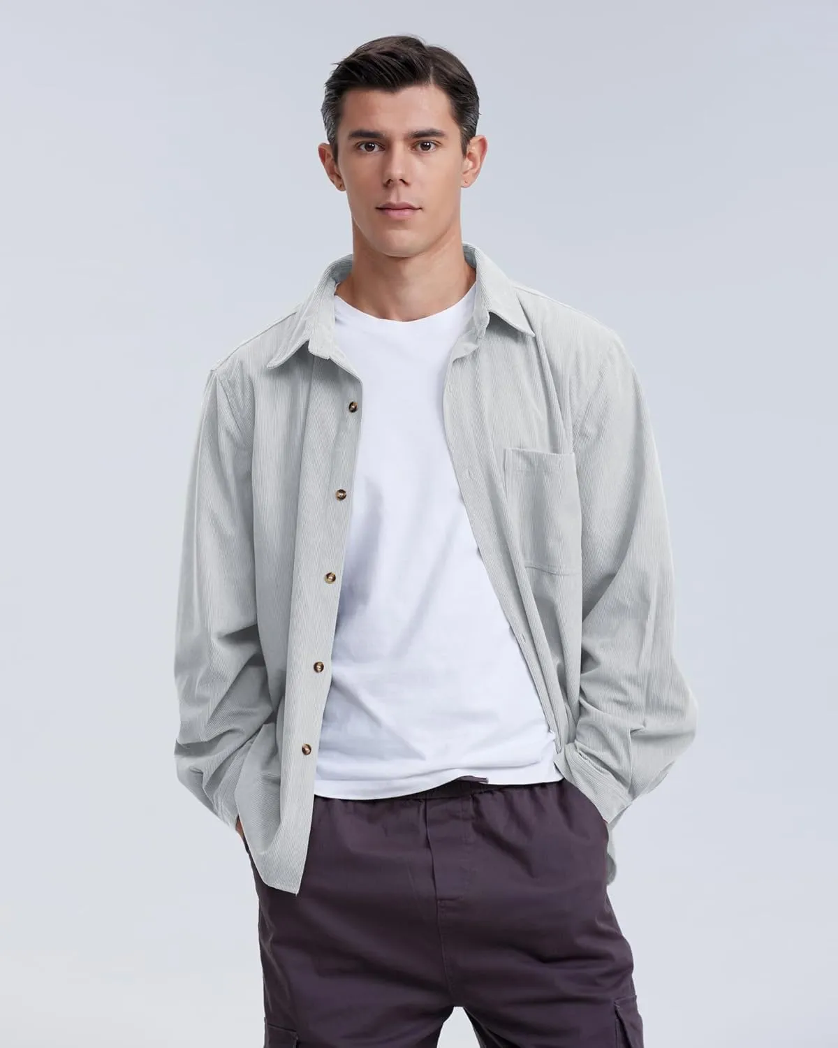 Locachy Men's Casual Corduroy Shirt Loose Button Down Corduroy Shacket Jacket