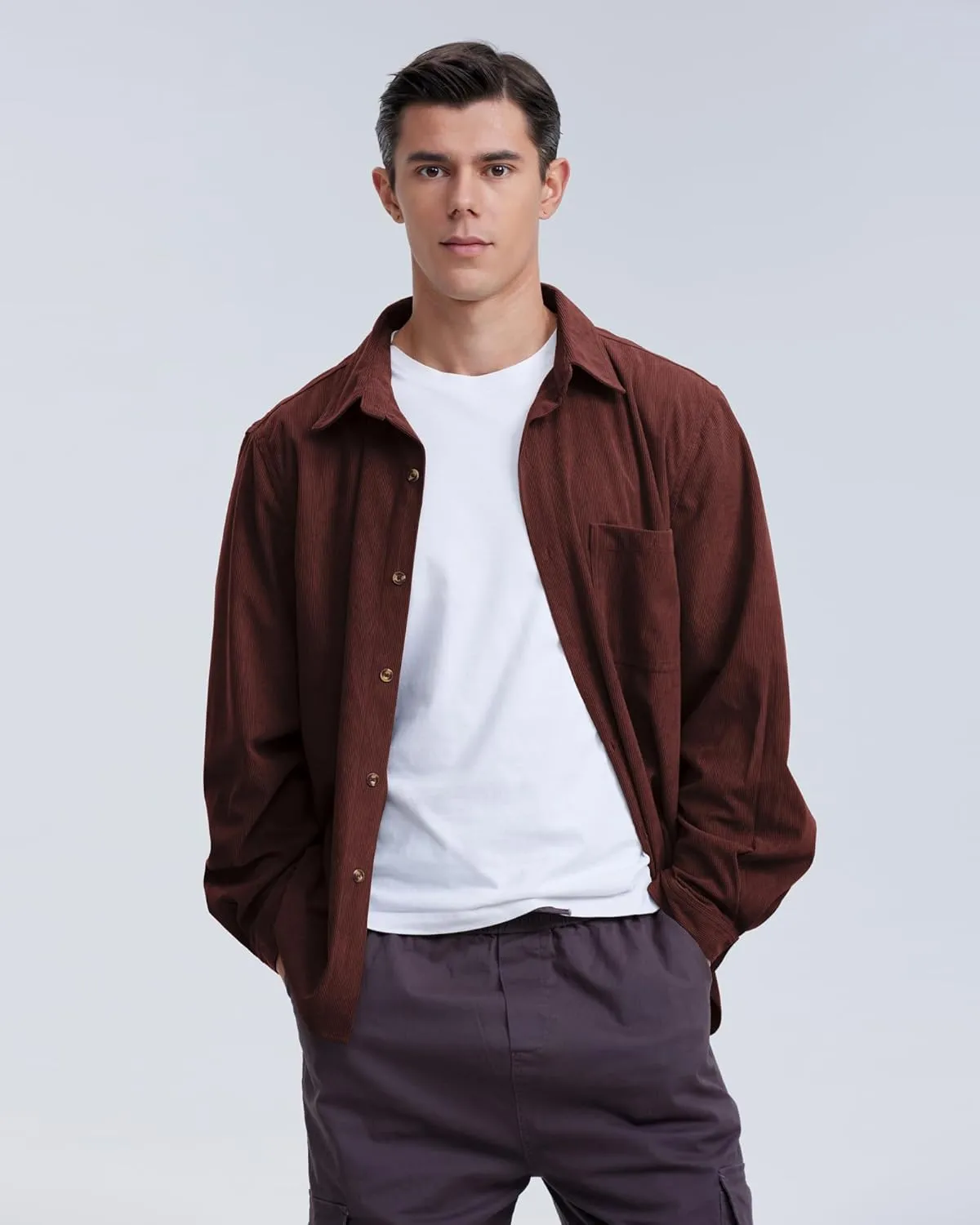 Locachy Men's Casual Corduroy Shirt Loose Button Down Corduroy Shacket Jacket