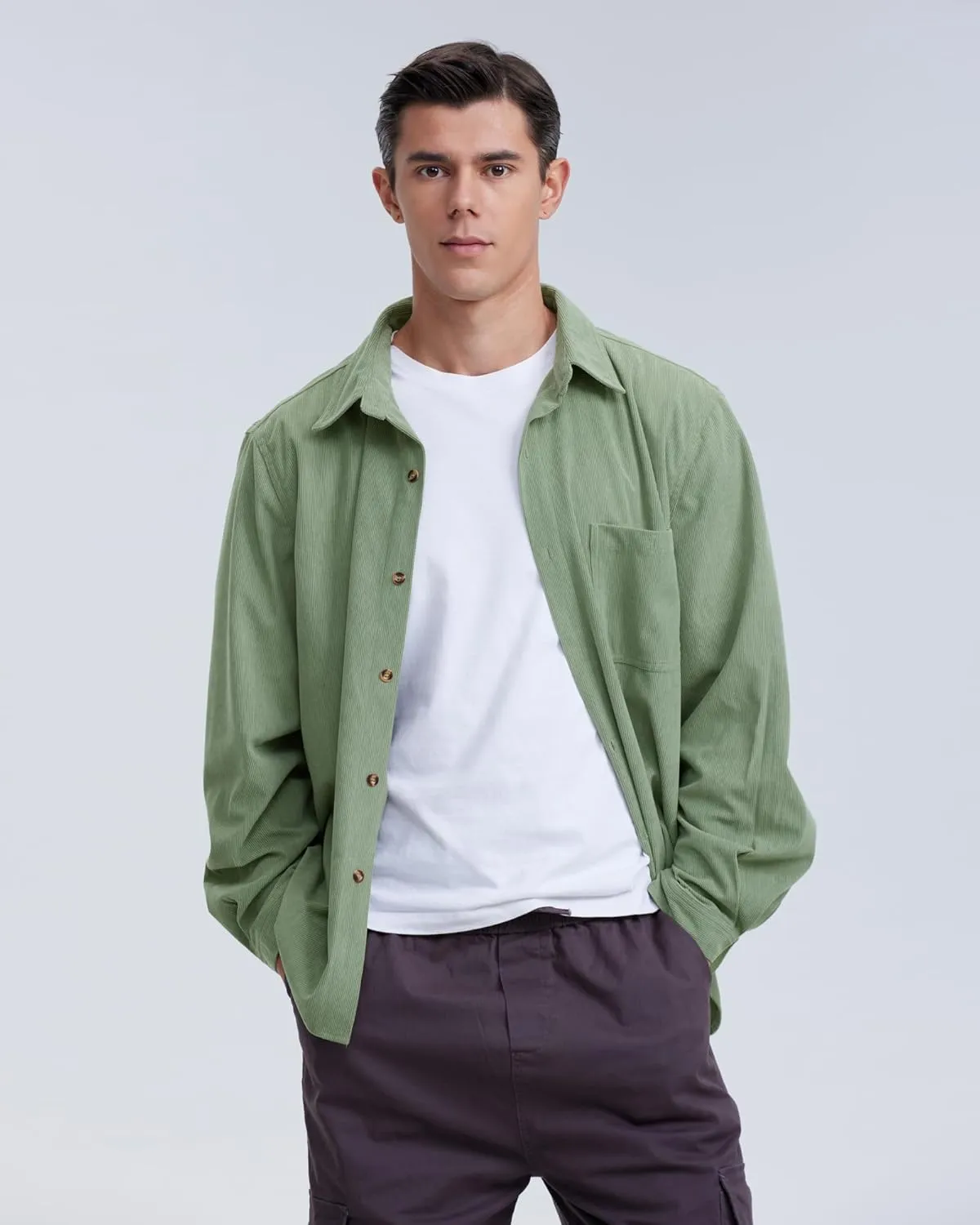 Locachy Men's Casual Corduroy Shirt Loose Button Down Corduroy Shacket Jacket