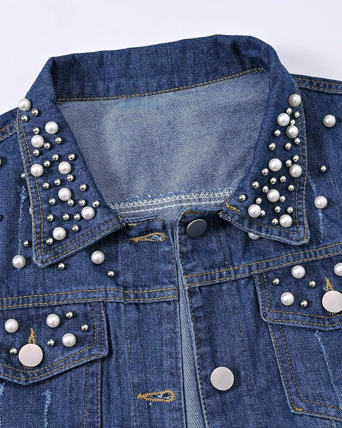 Locachy Womens 3/4 Sleeve Short Embroidered Rivet Pearl Denim Jacket Button Down Cropped Denim Jean Jacket Coat