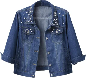 Locachy Womens 3/4 Sleeve Short Embroidered Rivet Pearl Denim Jacket Button Down Cropped Denim Jean Jacket Coat