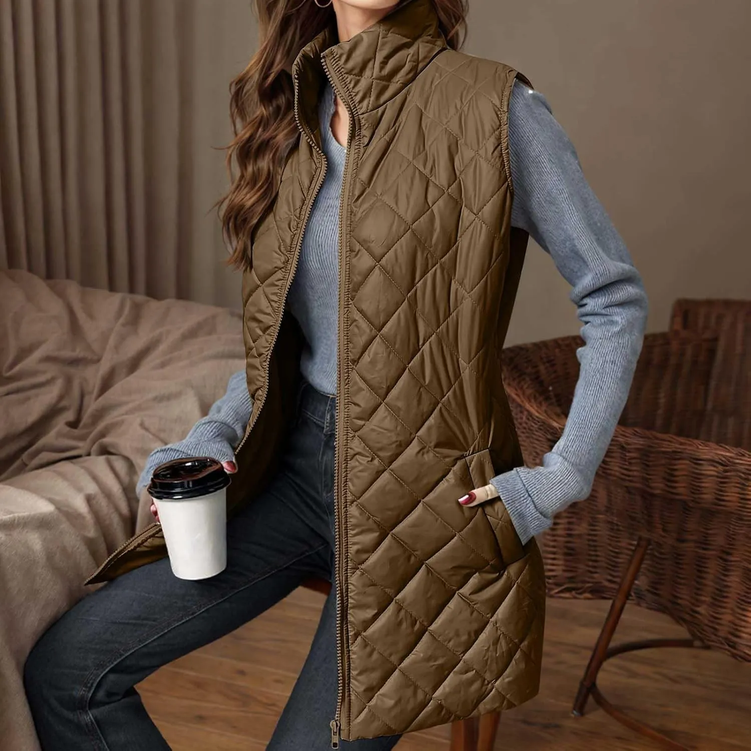 Long Puffer Vest Women Winter Quilted Coat Sleeveless Warm Jackets Zip Up Fluffy Vests Stand Collar Puffy Coats