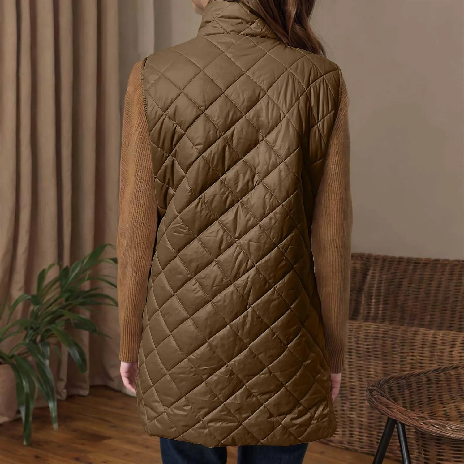 Long Puffer Vest Women Winter Quilted Coat Sleeveless Warm Jackets Zip Up Fluffy Vests Stand Collar Puffy Coats