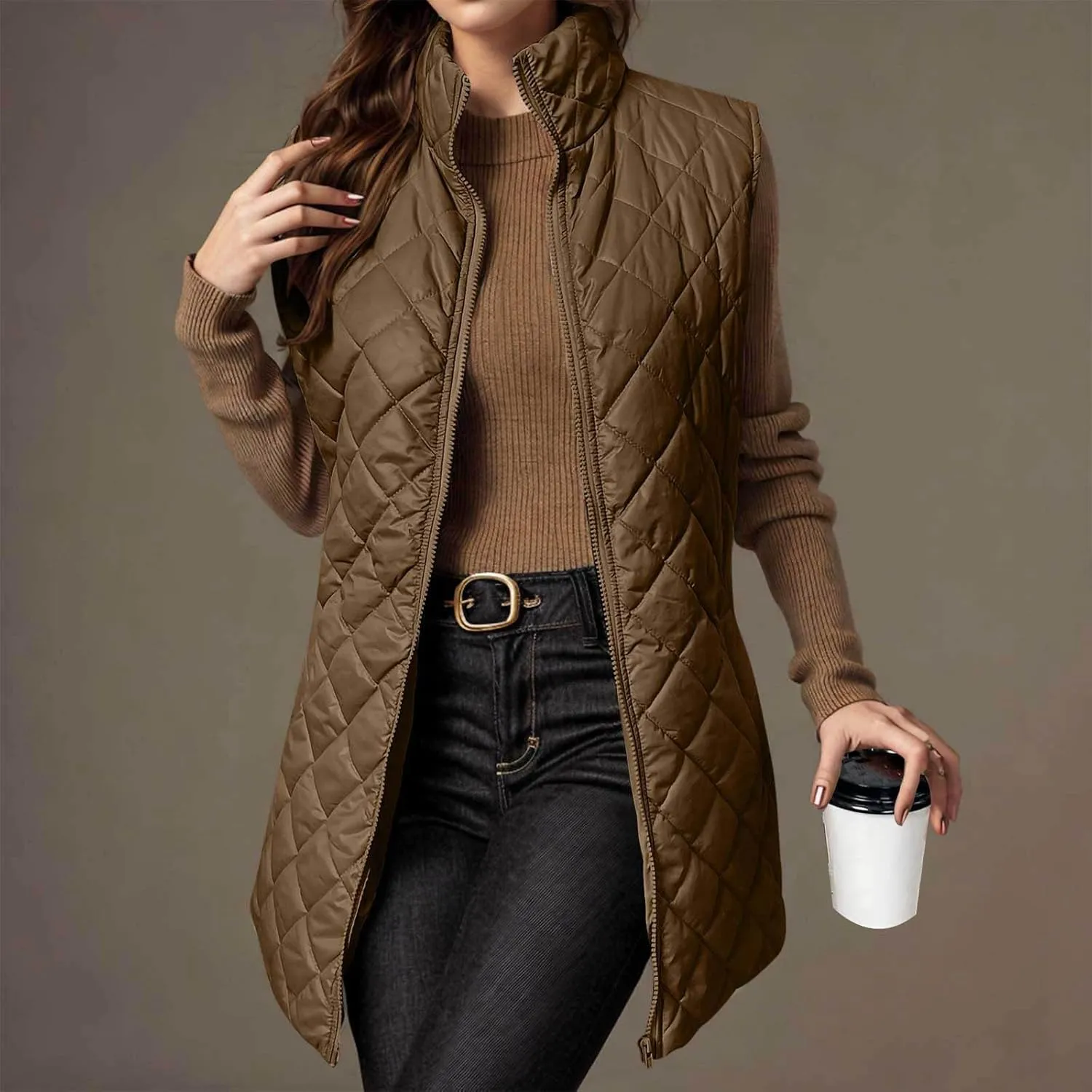Long Puffer Vest Women Winter Quilted Coat Sleeveless Warm Jackets Zip Up Fluffy Vests Stand Collar Puffy Coats