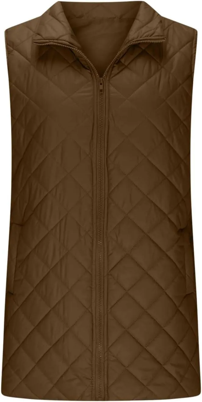Long Puffer Vest Women Winter Quilted Coat Sleeveless Warm Jackets Zip Up Fluffy Vests Stand Collar Puffy Coats