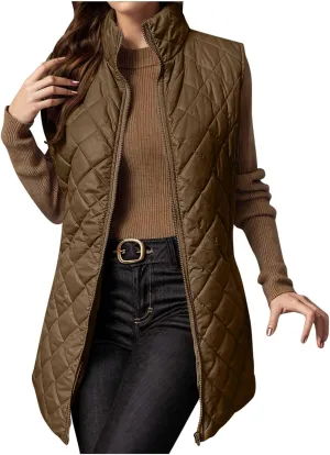 Long Puffer Vest Women Winter Quilted Coat Sleeveless Warm Jackets Zip Up Fluffy Vests Stand Collar Puffy Coats