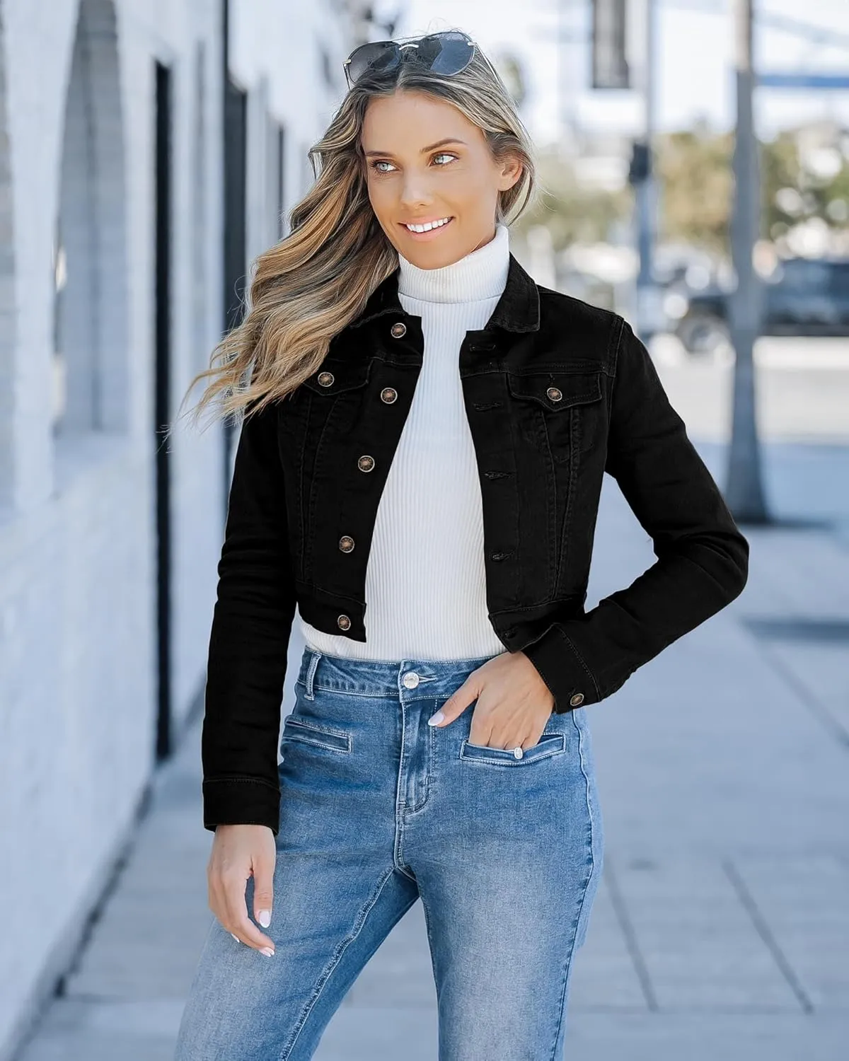 luvamia 2025 Cropped Jean Jackets for Women Fashion Short Denim Shacket Jacket Lightweight Fitted Stretchy with Pockets