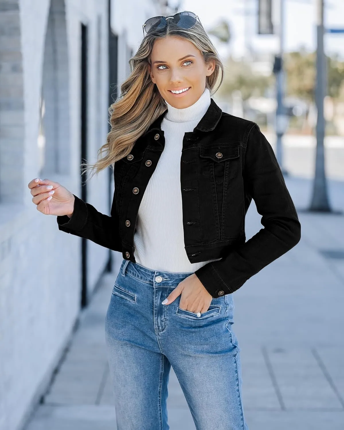 luvamia 2025 Cropped Jean Jackets for Women Fashion Short Denim Shacket Jacket Lightweight Fitted Stretchy with Pockets