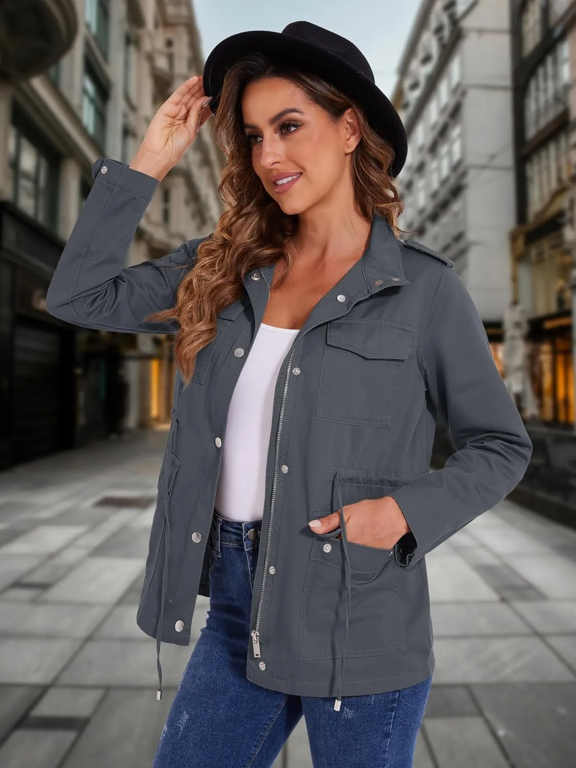 MAGCOMSEN Women's Utility Jackets Lightweight Anorak Drawstring Waist Zip Up Field Military Casual Coat with 4 Pockets
