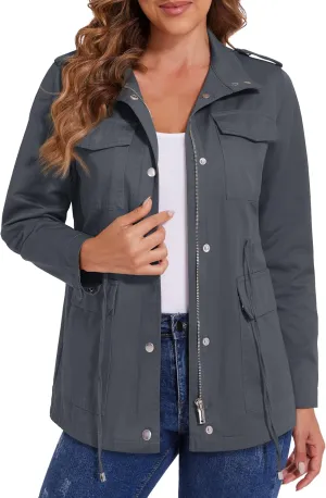 MAGCOMSEN Women's Utility Jackets Lightweight Anorak Drawstring Waist Zip Up Field Military Casual Coat with 4 Pockets