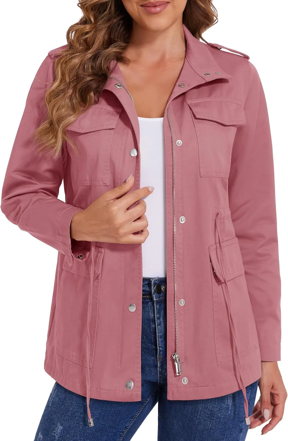 MAGCOMSEN Women's Utility Jackets Lightweight Anorak Drawstring Waist Zip Up Field Military Casual Coat with 4 Pockets