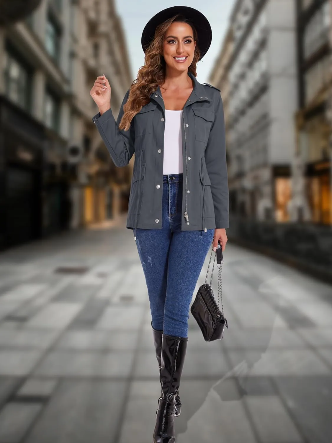 MAGCOMSEN Women's Utility Jackets Lightweight Anorak Drawstring Waist Zip Up Field Military Casual Coat with 4 Pockets