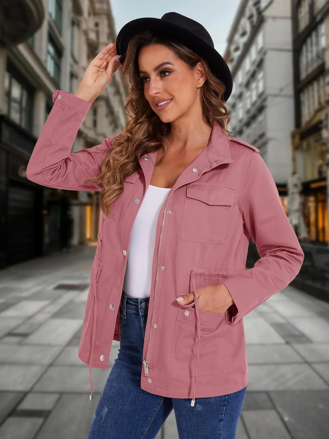 MAGCOMSEN Women's Utility Jackets Lightweight Anorak Drawstring Waist Zip Up Field Military Casual Coat with 4 Pockets
