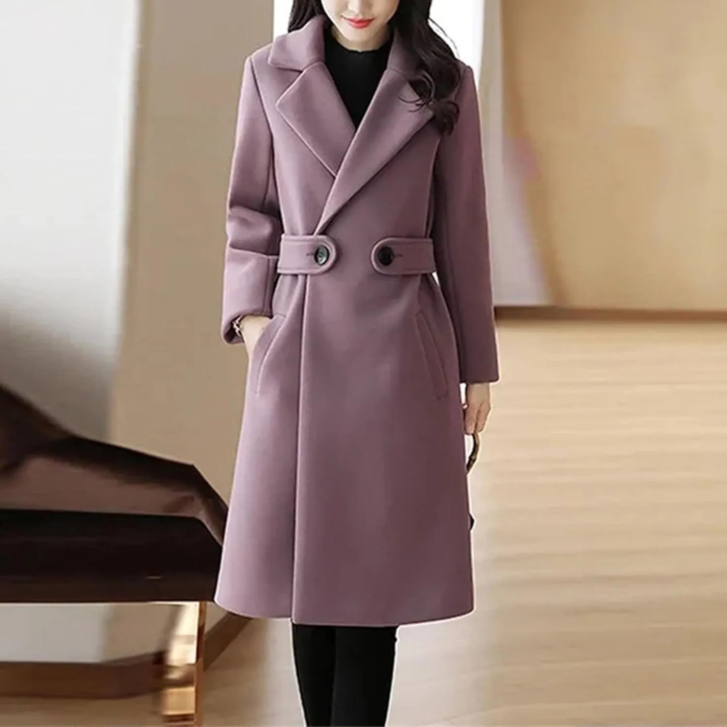 Maiyifu-GJ Women's Elegant Notched Lapel Coat Mid-Length Thicken Warm Wool Blend Coats Casual Fall Winter Long Overcoat