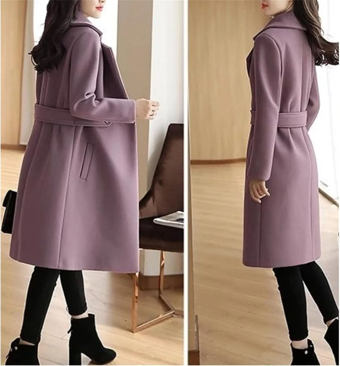 Maiyifu-GJ Women's Elegant Notched Lapel Coat Mid-Length Thicken Warm Wool Blend Coats Casual Fall Winter Long Overcoat