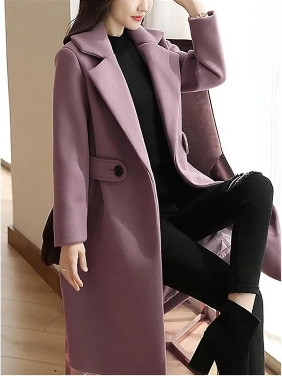Maiyifu-GJ Women's Elegant Notched Lapel Coat Mid-Length Thicken Warm Wool Blend Coats Casual Fall Winter Long Overcoat