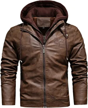 Men Fall Winter PU Leather Jacket Velvet Thermal Detachable Hooded Leather Coats Fashion Trend Long Sleeve Coat