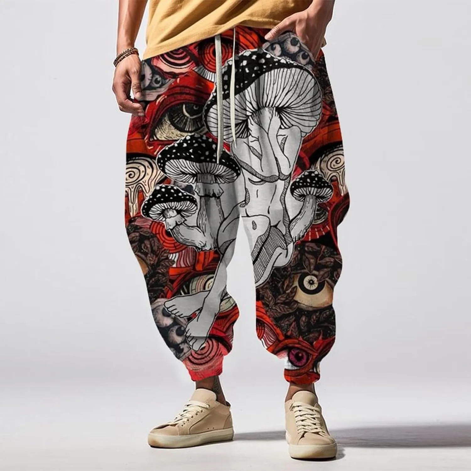 Mens All Over Print Hippie Harem Pants Hip Hop Yoga Drop Crotch Trousers Drawstring Baggy Loose Beach Aladdin Pants