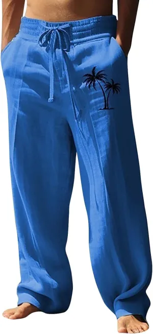 Mens Baggy Linen Hawaiian Yoga Trousers Elastic Waist Summer Wide Leg Beach Pants Lightweight Bohemian Gaucho Pants