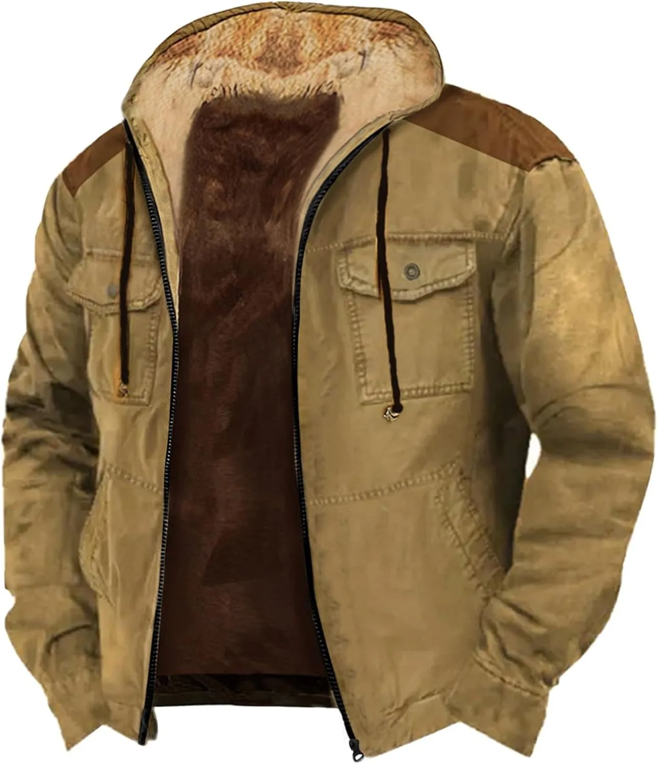 Mens Casual Softshell Jackets Fashion Solid Long Sleeve Zipper Drawstring Hooded Coats Hipster Loose Utility Jackets