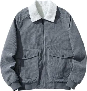 Men's Corduroy Jacket Zip Up Lapel Collar Fleece Sherpa Lined Winter Coats Vintage Bomber Jackets Trucker Jacket