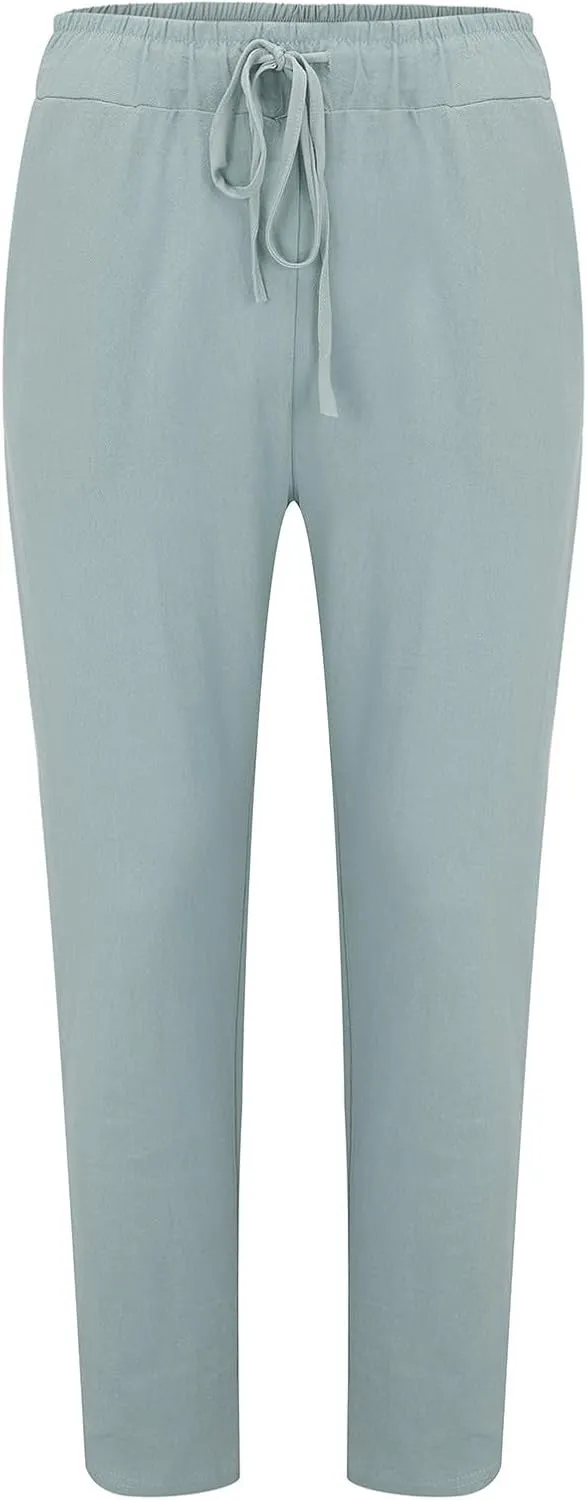 Mens Cotton Linen Classic Pants Elastic Classic Waist Lounge Beach Pants Summer Casual Straight Leg Dress Trousers