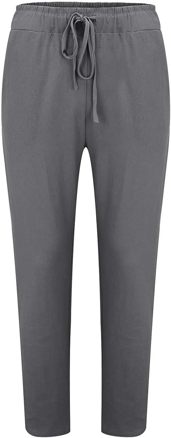 Mens Cotton Linen Classic Pants Elastic Classic Waist Lounge Beach Pants Summer Casual Straight Leg Dress Trousers
