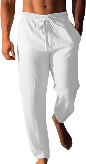 Mens Cotton Linen Classic Pants Elastic Classic Waist Lounge Beach Pants Summer Casual Straight Leg Dress Trousers