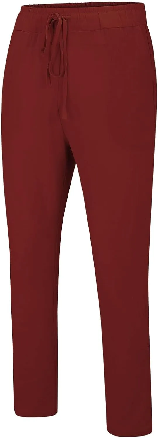 Mens Cotton Linen Classic Pants Elastic Classic Waist Lounge Beach Pants Summer Casual Straight Leg Dress Trousers