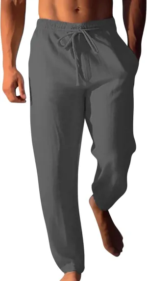 Mens Cotton Linen Classic Pants Elastic Classic Waist Lounge Beach Pants Summer Casual Straight Leg Dress Trousers