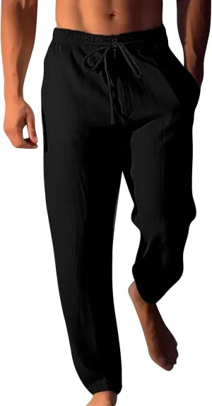 Mens Cotton Linen Classic Pants Elastic Classic Waist Lounge Beach Pants Summer Casual Straight Leg Dress Trousers