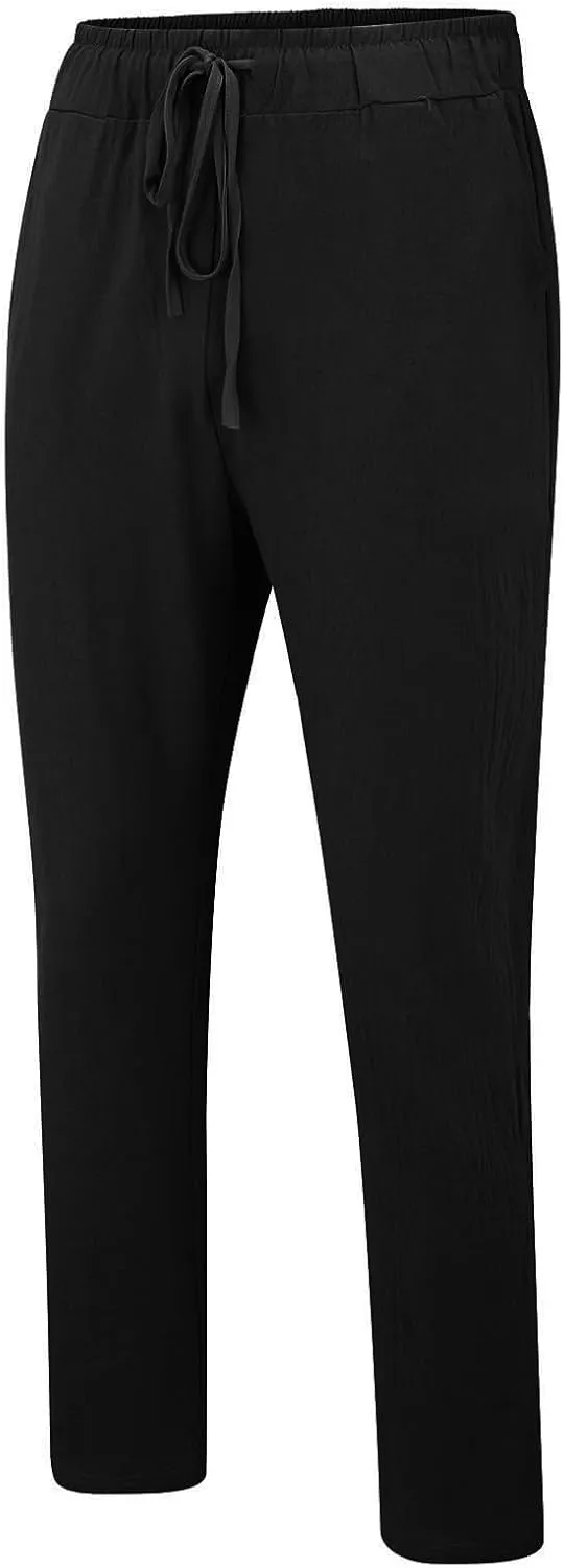 Mens Cotton Linen Classic Pants Elastic Classic Waist Lounge Beach Pants Summer Casual Straight Leg Dress Trousers