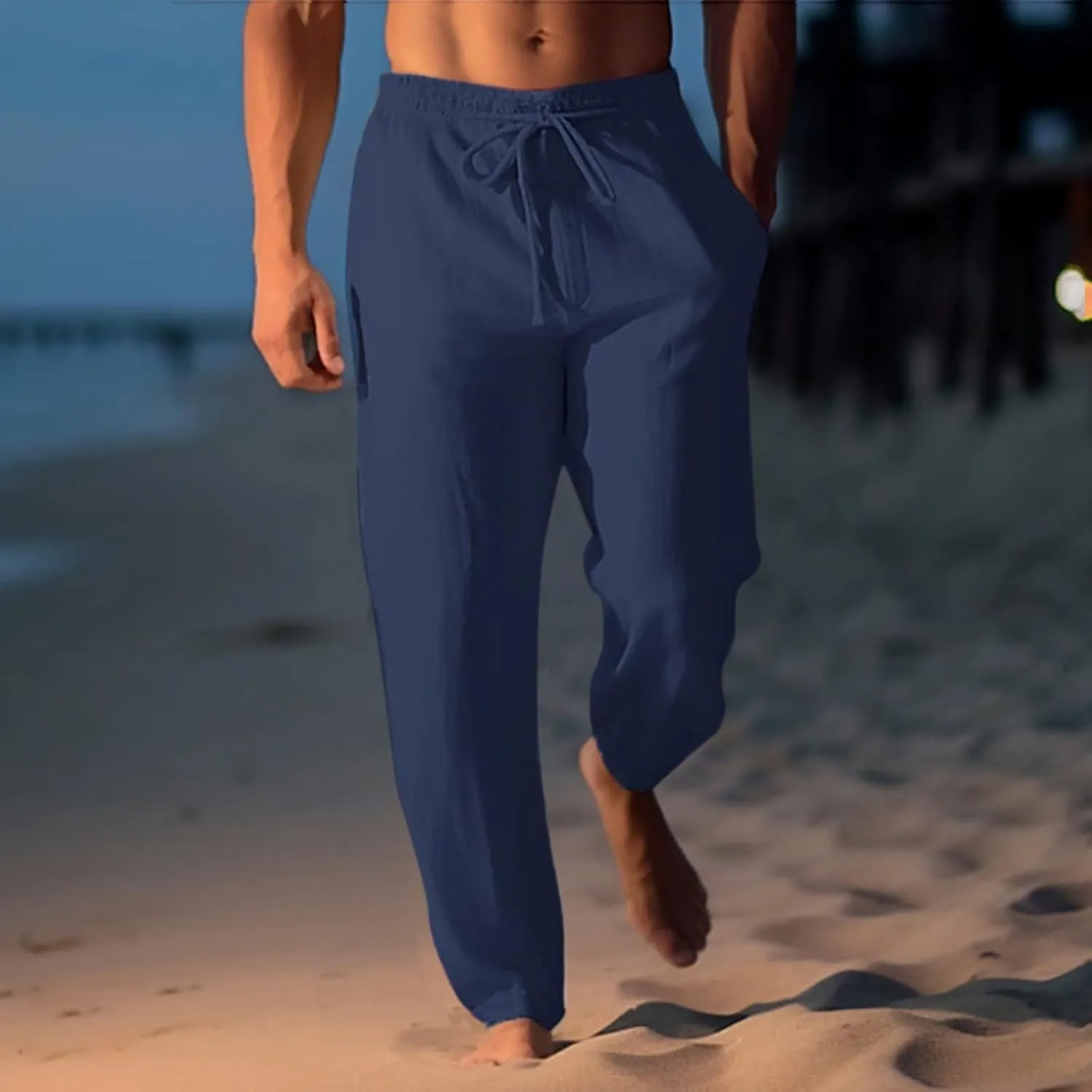 Mens Cotton Linen Classic Pants Elastic Classic Waist Lounge Beach Pants Summer Casual Straight Leg Dress Trousers