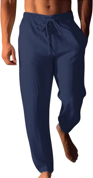 Mens Cotton Linen Classic Pants Elastic Classic Waist Lounge Beach Pants Summer Casual Straight Leg Dress Trousers