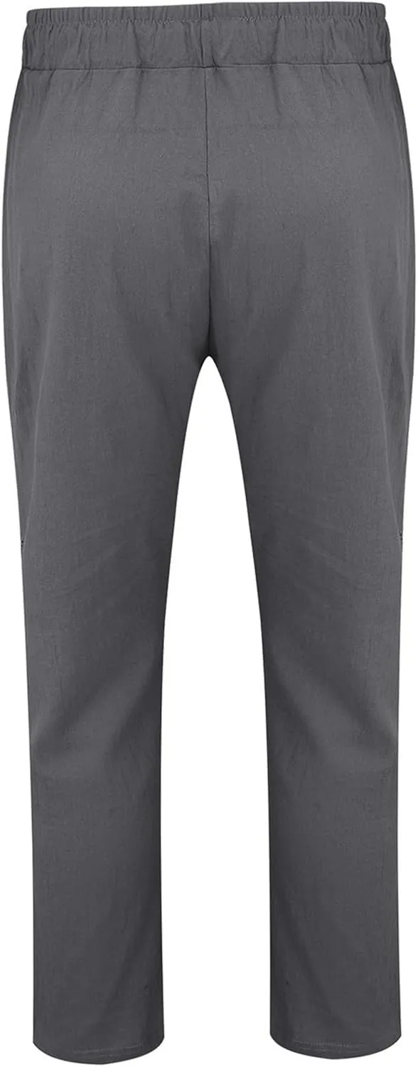 Mens Cotton Linen Classic Pants Elastic Classic Waist Lounge Beach Pants Summer Casual Straight Leg Dress Trousers