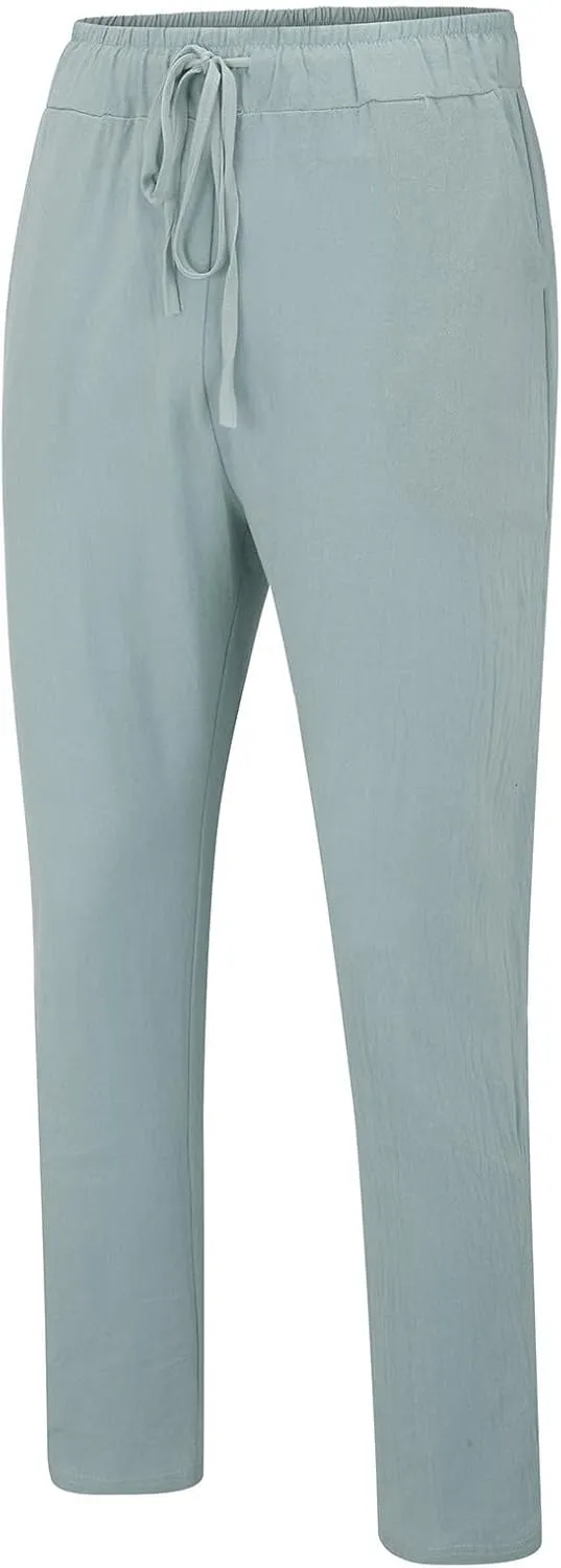 Mens Cotton Linen Classic Pants Elastic Classic Waist Lounge Beach Pants Summer Casual Straight Leg Dress Trousers